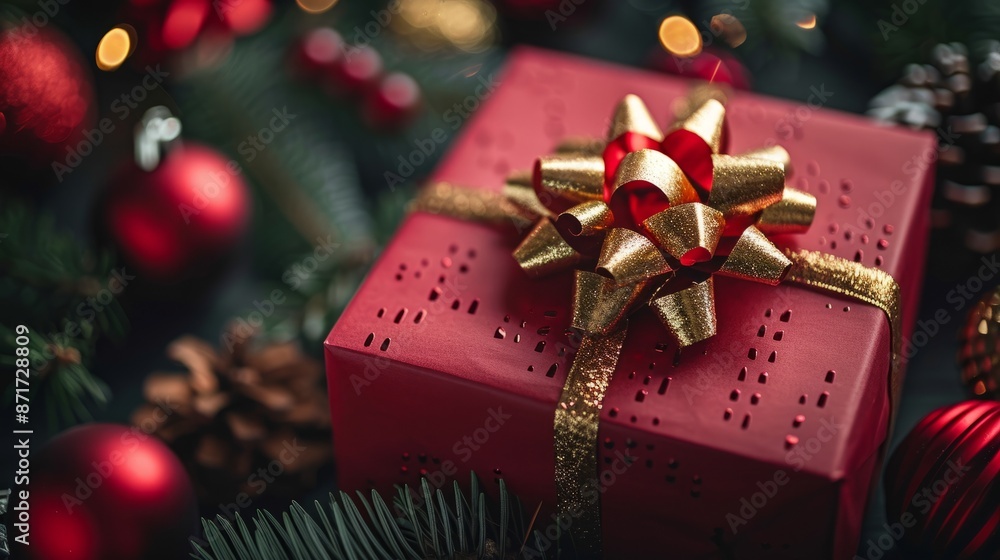 Red christmas present with gold bow Red christmas present with gold bow