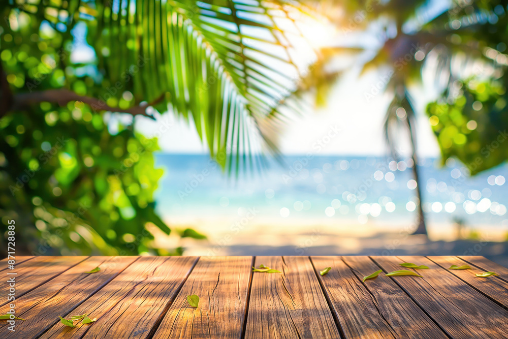 Summer table and sea with blurred palm leaves. Summer vacation in the natural beauty of a tropical paradise Summer table and sea with blurred palm leaves. Summer vacation in the natural beauty of a tropical paradise