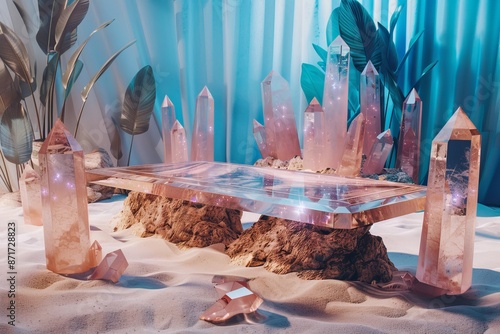 crystals and rock table surrounded by crystals photo
