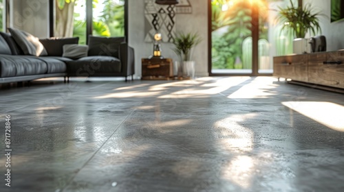 Sunbeams illuminating a polished concrete floor in a modern living room