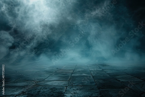 A dark, smoky room with a foggy atmosphere