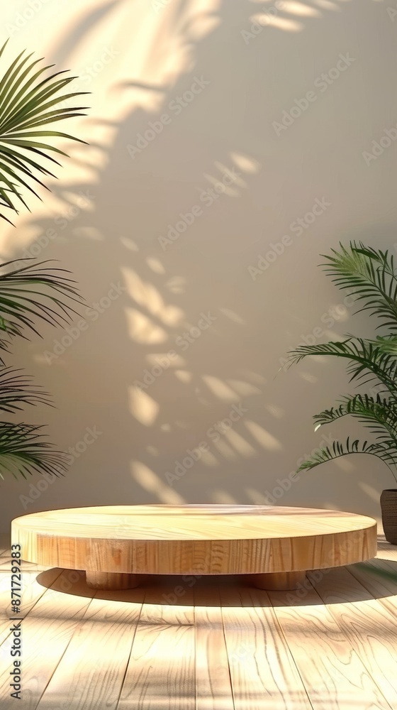 A round wooden table stands on a wooden floor next to a palm tree, creating a simple and natural setting A round wooden table stands on a wooden floor next to a palm tree, creating a simple and natural setting