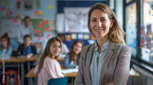 Smiling Teacher in Modern Classroom with Engaged Students and Educational Materials