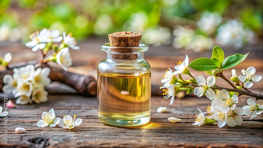 Small bottle with essential oil of sandalwood with blooming branch on the background Small bottle with essential oil of sandalwood with blooming branch on the background