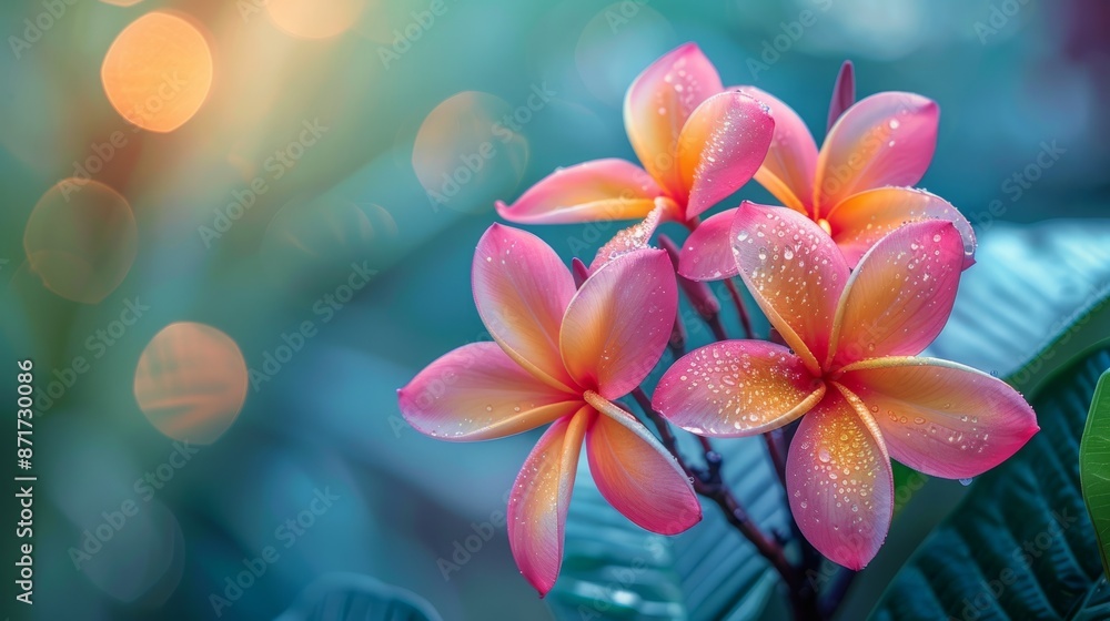 Pink frangipani flowers with dew drops Pink frangipani flowers with dew drops