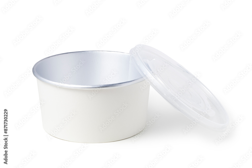 Empty disposable paper bowl with plastic lid isolated on white background Empty disposable paper bowl with plastic lid isolated on white background