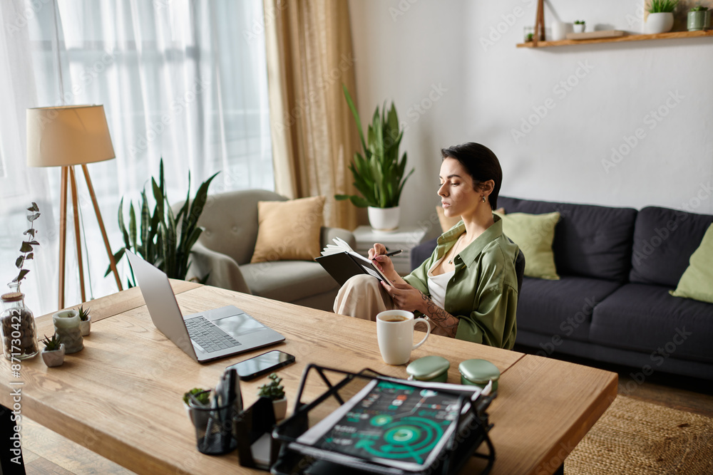 A woman sits at her home office desk, focused on her work. A woman sits at her home office desk, focused on her work.
