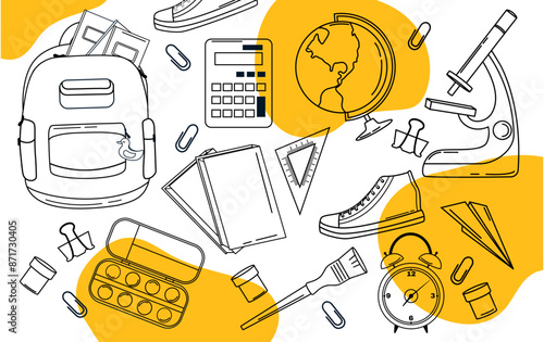 Set of elements and shapes. School supply in line art style. Hand drawn. Pattern with doodle in trendy vector style. Education and knowledge. Banner and template. Back to school. Flat style.