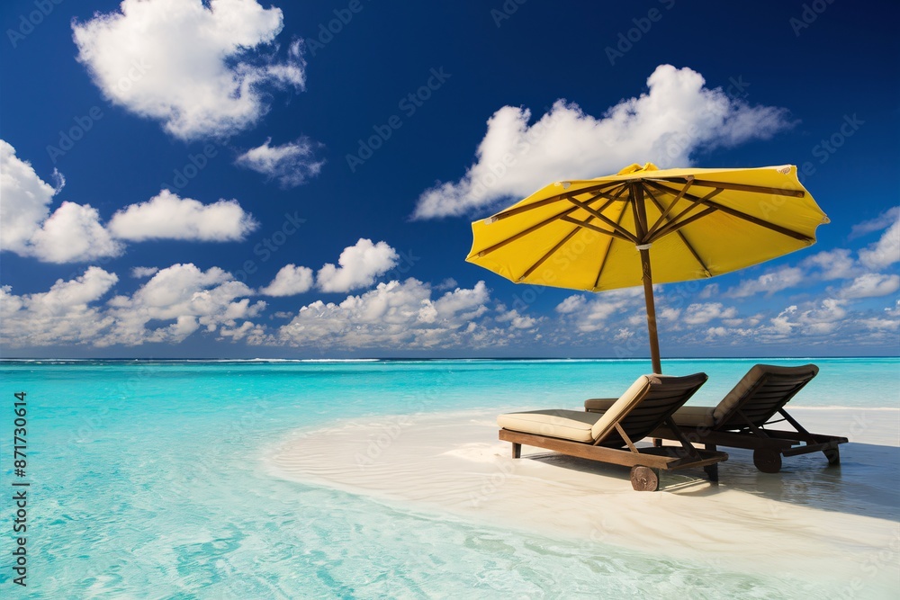 Relaxing beach scene with lounge chairs and umbrella Relaxing beach scene with lounge chairs and umbrella