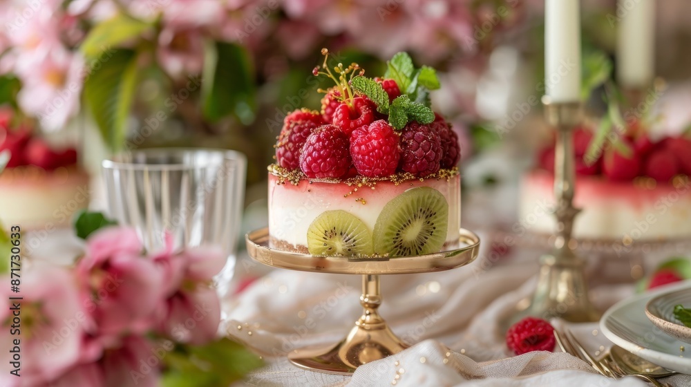 Elegant easter table setting with mini cheesecake and fruit Elegant easter table setting with mini cheesecake and fruit