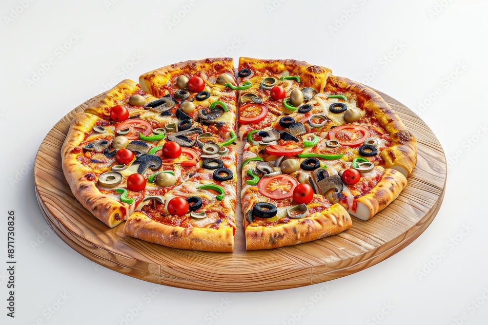 A pizza with a variety of toppings on white background A pizza with a variety of toppings on white background