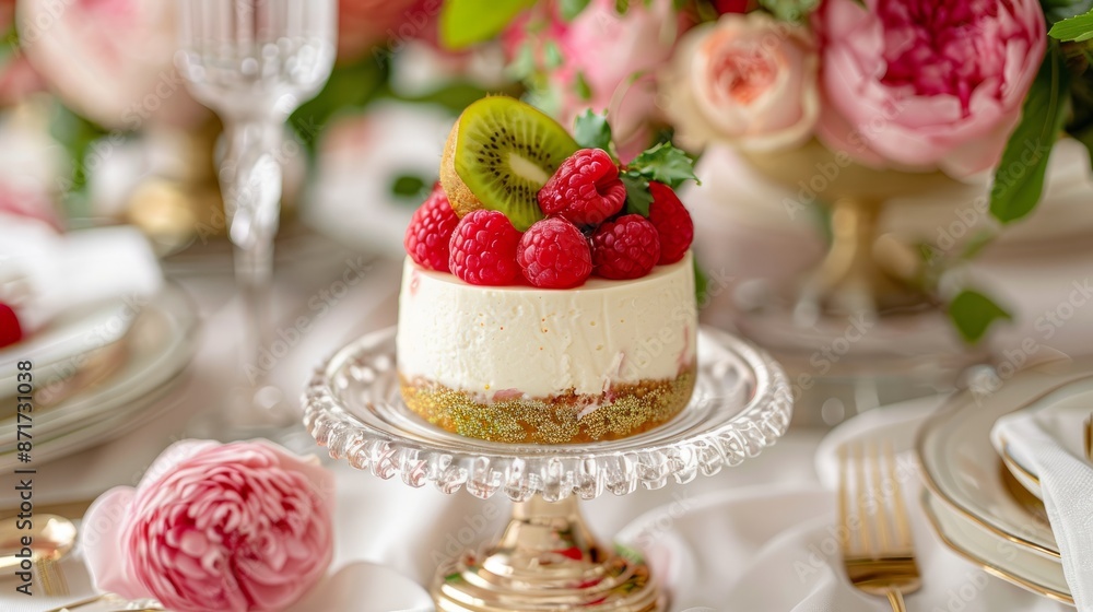 Elegant easter table setting with mini cheesecake Elegant easter table setting with mini cheesecake