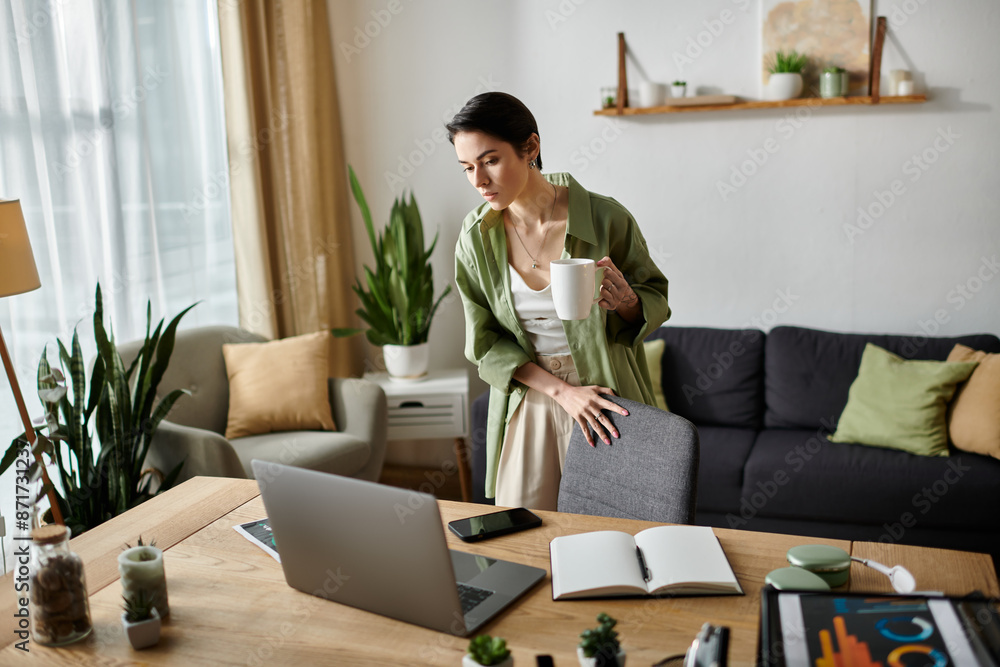 A young woman stands at her home office desk, taking a moment to relax with a cup of coffee. A young woman stands at her home office desk, taking a moment to relax with a cup of coffee.