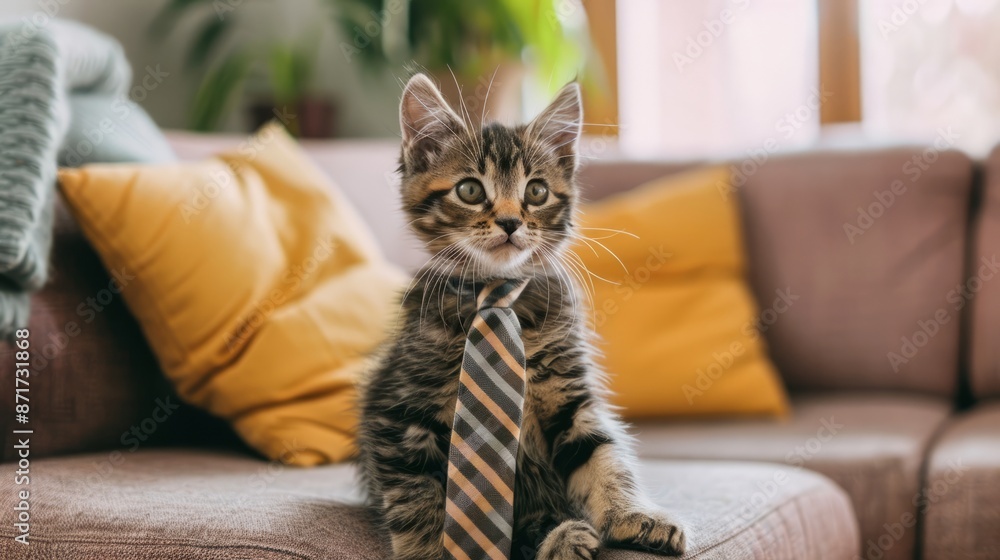 A cute kitten with a tie lies on a comfortable sofa in a modern bright living room.
A cute kitten with a tie lies on a comfortable sofa in a modern bright living room.
