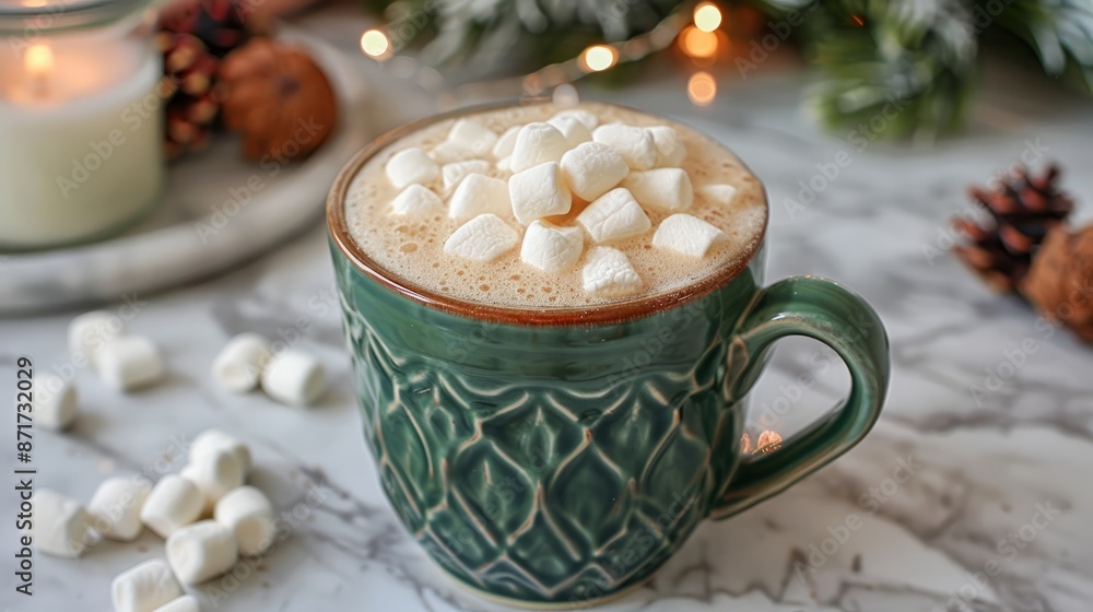 Green mug of hot beverage with marshmallows Green mug of hot beverage with marshmallows