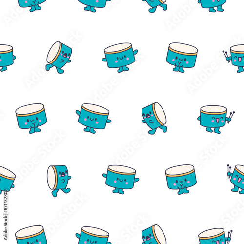 Cartoon kawaii drum character with sticks. Seamless pattern. Funny musical personage with drumsticks. Hand drawn style. Vector drawing. Design ornaments.