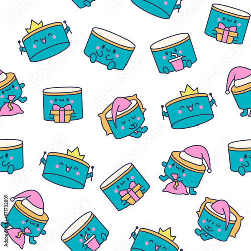 Cartoon kawaii drum character with sticks. Seamless pattern. Funny musical personage with drumsticks. Hand drawn style. Vector drawing. Design ornaments.