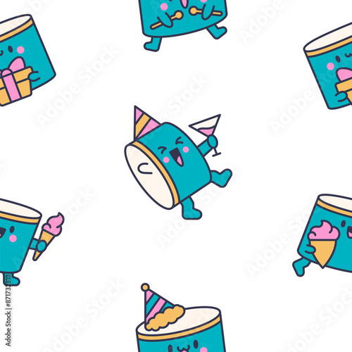 Cartoon kawaii drum character with sticks. Seamless pattern. Funny musical personage with drumsticks. Hand drawn style. Vector drawing. Design ornaments.