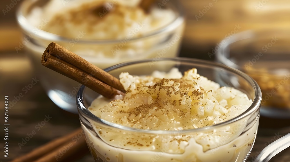 Creamy rice pudding in glass bowls with cinnamon sticks and ground cinnamon sprinkle Creamy rice pudding in glass bowls with cinnamon sticks and ground cinnamon sprinkle