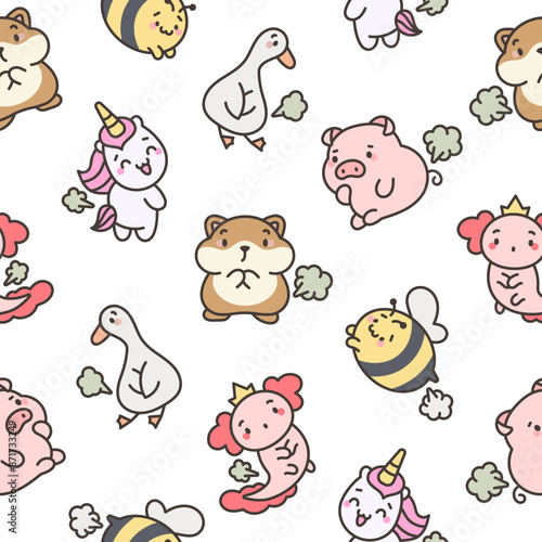 Cute and funny farting animals. Seamless pattern. Cartoon characters. Hand drawn style. Vector drawing. Design ornaments.
