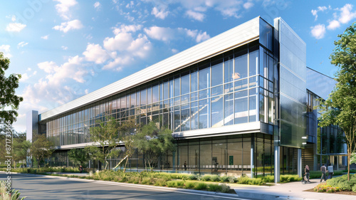 Highlight the modern exterior of a biotechnology lab with sleek glass panels and green landscaping 