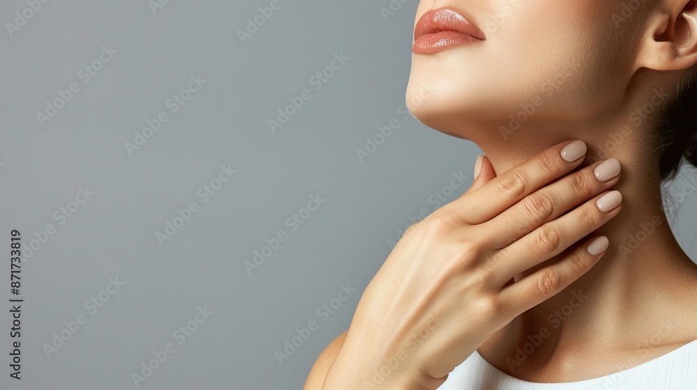 Elegant woman touches her neck, showcasing her smooth skin. Close-up image focused on a hand and neck. Ideal for beauty, skincare, and medical concepts. Studio shot with soft lighting. AI Elegant woman touches her neck, showcasing her smooth skin. Close-up image focused on a hand and neck. Ideal for beauty, skincare, and medical concepts. Studio shot with soft lighting. AI