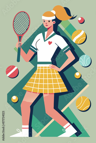 A woman with a tennis racquet on a court among tennis balls. In a tennis court, a woman is standing holding a tennis racquet, surrounded by tennis balls. The setting is colorful with elements like 