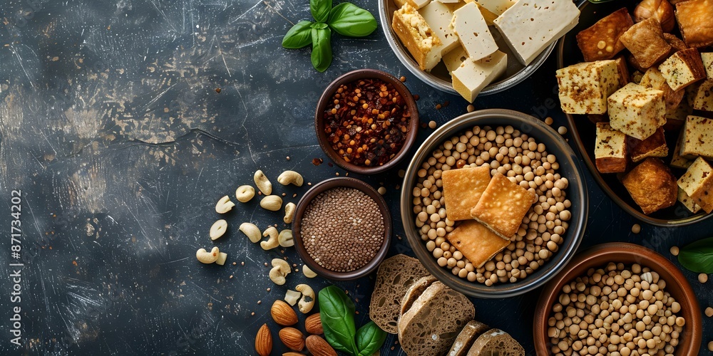 Plant-Based Protein Sources Aerial Perspective of Tofu, Nuts, Tempeh, and Nutritional Yeast. Concept Plant-Based Protein, Aerial Perspective, Tofu, Nuts, Tempeh, Nutritional Yeast Plant-Based Protein Sources Aerial Perspective of Tofu, Nuts, Tempeh, and Nutritional Yeast. Concept Plant-Based Protein, Aerial Perspective, Tofu, Nuts, Tempeh, Nutritional Yeast