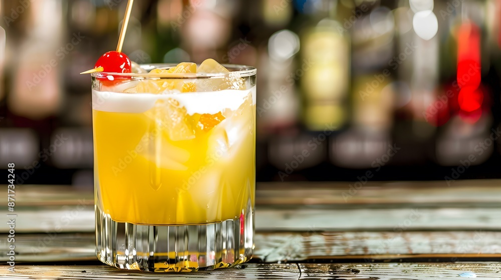Refreshing whiskey sour cocktail with ice and cherry garnish on a wooden bar counter in a dim bar Refreshing whiskey sour cocktail with ice and cherry garnish on a wooden bar counter in a dim bar
