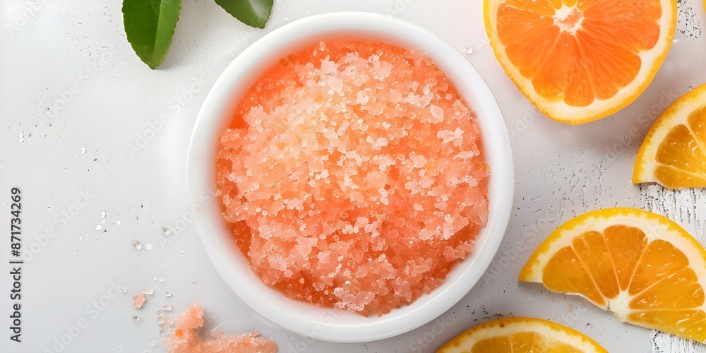 Overhead shot of DIY orange grapefruit scrub in a white bowl for spa treatment. Concept DIY Skincare, Citrus Recipes, Homemade Scrub, Spa Treatments, Photography Inspiration Overhead shot of DIY orange grapefruit scrub in a white bowl for spa treatment. Concept DIY Skincare, Citrus Recipes, Homemade Scrub, Spa Treatments, Photography Inspiration
