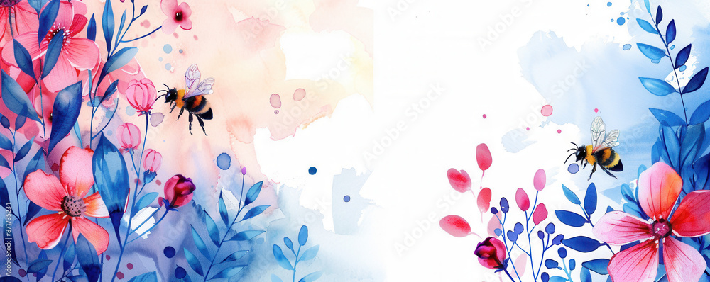 A colorful painting of flowers and bees with a white background A colorful painting of flowers and bees with a white background