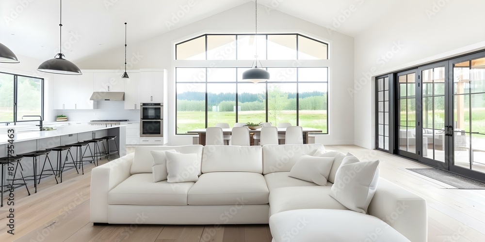 Fototapeta premium Stunning midcentury farmhouse interior with designer furniture pendant lights and nature views. Concept Midcentury Farmhouse Interior, Designer Furniture, Pendant Lights, Nature Views