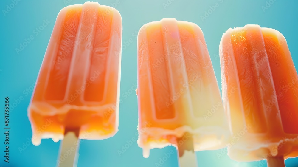 Three vibrant orange popsicles melting under the bright summer sun against a clear blue sky. Three vibrant orange popsicles melting under the bright summer sun against a clear blue sky.