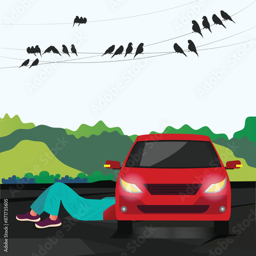 Mechanic repairing car in isolated flat illustration. Cartoon auto service man fixing damage in engine. Automobile, vehicle and maintenance