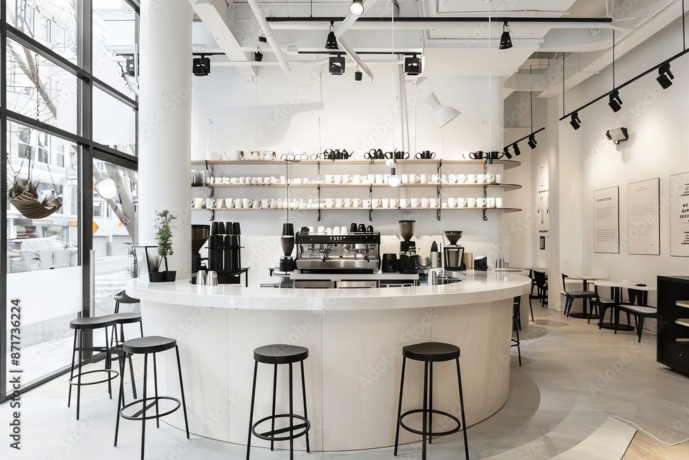 Modern coffee shop bar with a white counter and black pendant lights ...