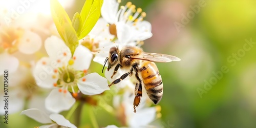 Honey bee collecting pollen from a white flower in the sunlight for honey-making. Concept Bee pollination, White flowers, Honey production, Nature photography, Wildlife observation