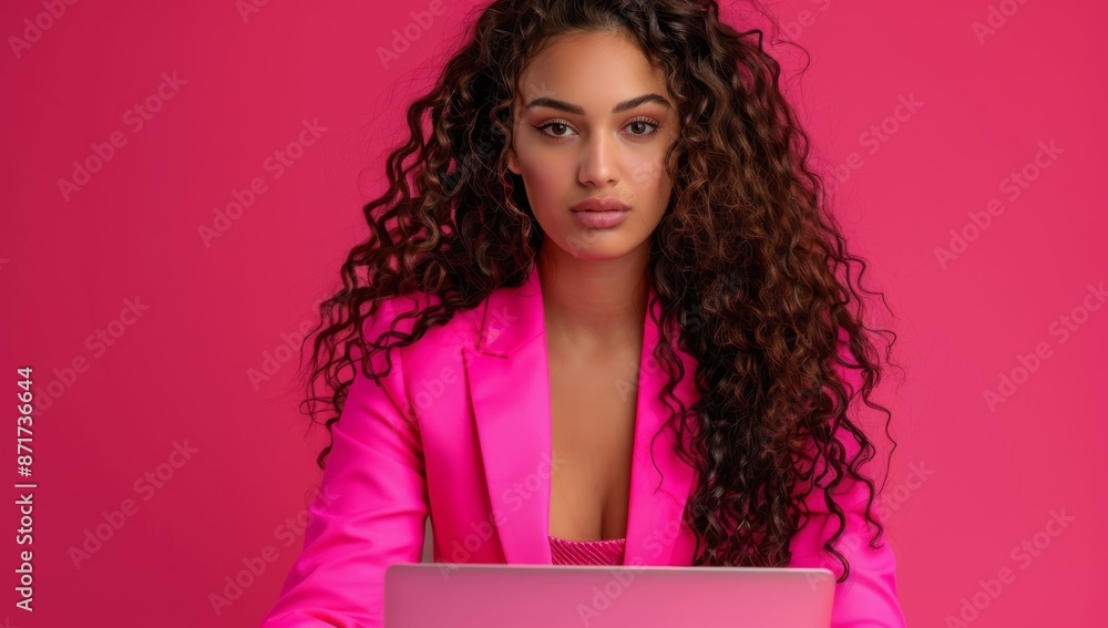 Beautiful latina woman with long curly hair in pink suit jacket sitting at her laptop, solid isolated color background. young businesswoman seated beside her laptop Beautiful latina woman with long curly hair in pink suit jacket sitting at her laptop, solid isolated color background. young businesswoman seated beside her laptop