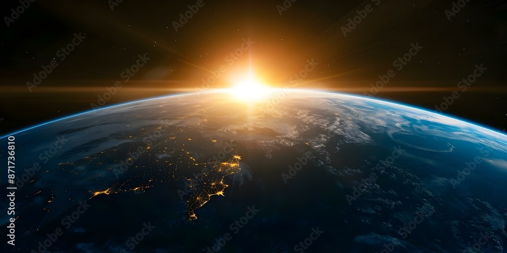 Obraz premium Earth's Sunrise from Space with City Lights Twinkling. Concept Astronomy, Space Exploration, Earth's Beauty, Sunrise Photography, City Lights Illustration