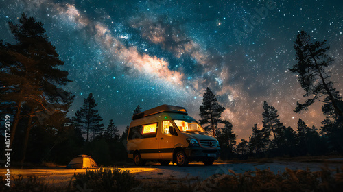 camping van parked in a beautiful natural setting, campfire clear night sky