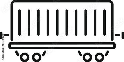Minimalist line art icon of a freight train wagon carrying a cargo container, symbolizing rail freight transport