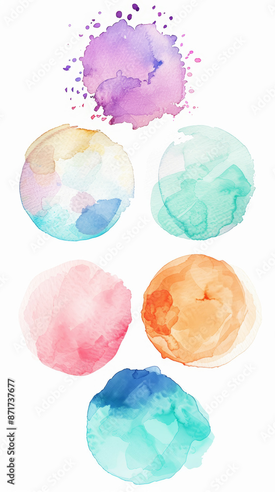 Set of abstract aesthetic watercolor blots in pastel colors on a clean white background. Generative AI Set of abstract aesthetic watercolor blots in pastel colors on a clean white background. Generative AI