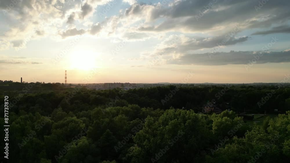 Golden sunset above treetops durring sunny evening - drone aerial view 4K Golden sunset above treetops durring sunny evening - drone aerial view 4K