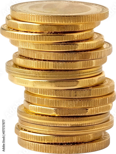 Stack of golden coins isolated on transparent background. PNG