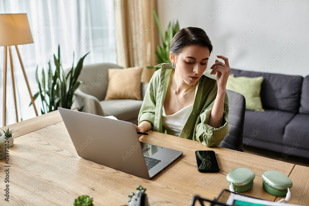 A woman sits at her desk, working on her laptop. A woman sits at her desk, working on her laptop.