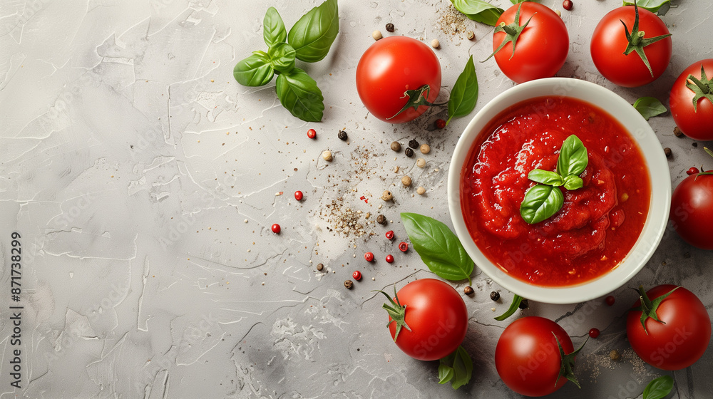 Tomato and red sauce with copy space, border Tomato and red sauce with copy space, border