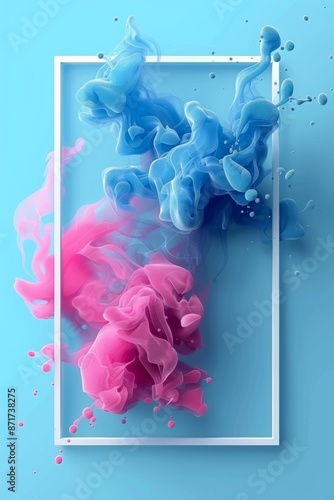 White frame containing blue and pink ink against a blue background photo