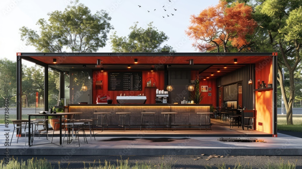 A modern, stylish outdoor bar constructed from a modified shipping container. The bar features a sleek design with a wooden roof extension. Generative AI. A modern, stylish outdoor bar constructed from a modified shipping container. The bar features a sleek design with a wooden roof extension. Generative AI.