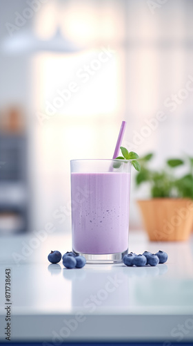 Smoothie in glass on the table in the kitchen Healthy food concept Weight loss Sport nutrition Berries, fruits, chocolate drink. Fresh and delisious. Vertical format design for social media, printing