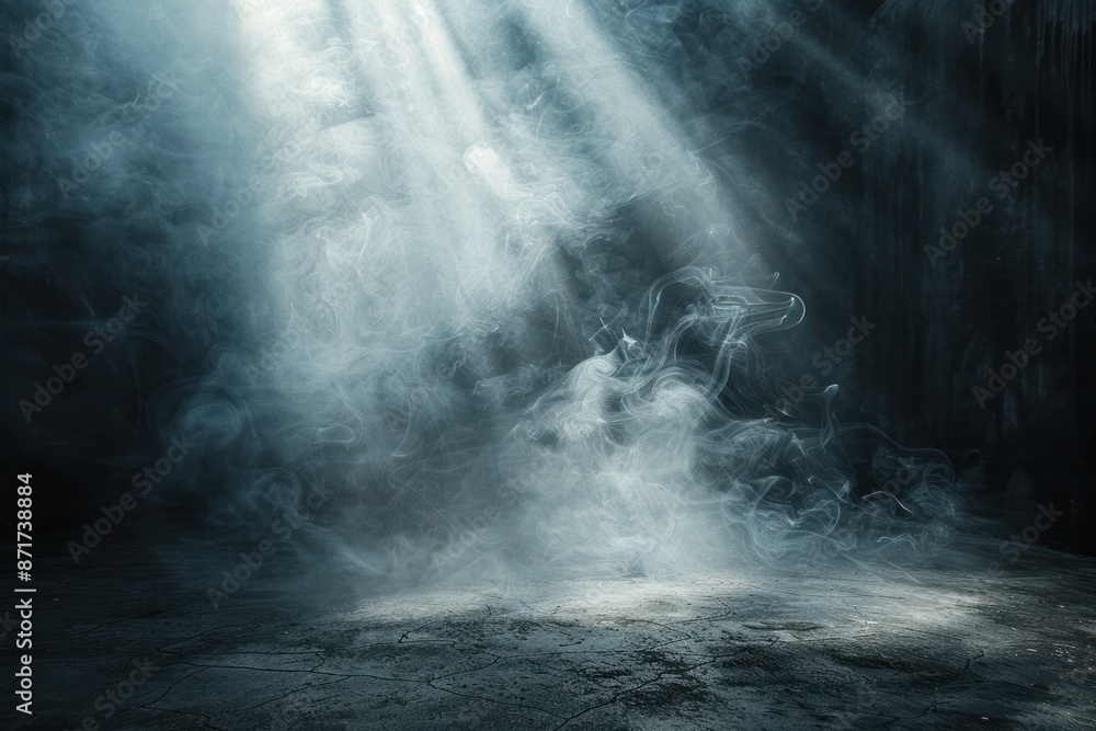 A dark room with a lot of smoke and a bright light shining through it A dark room with a lot of smoke and a bright light shining through it