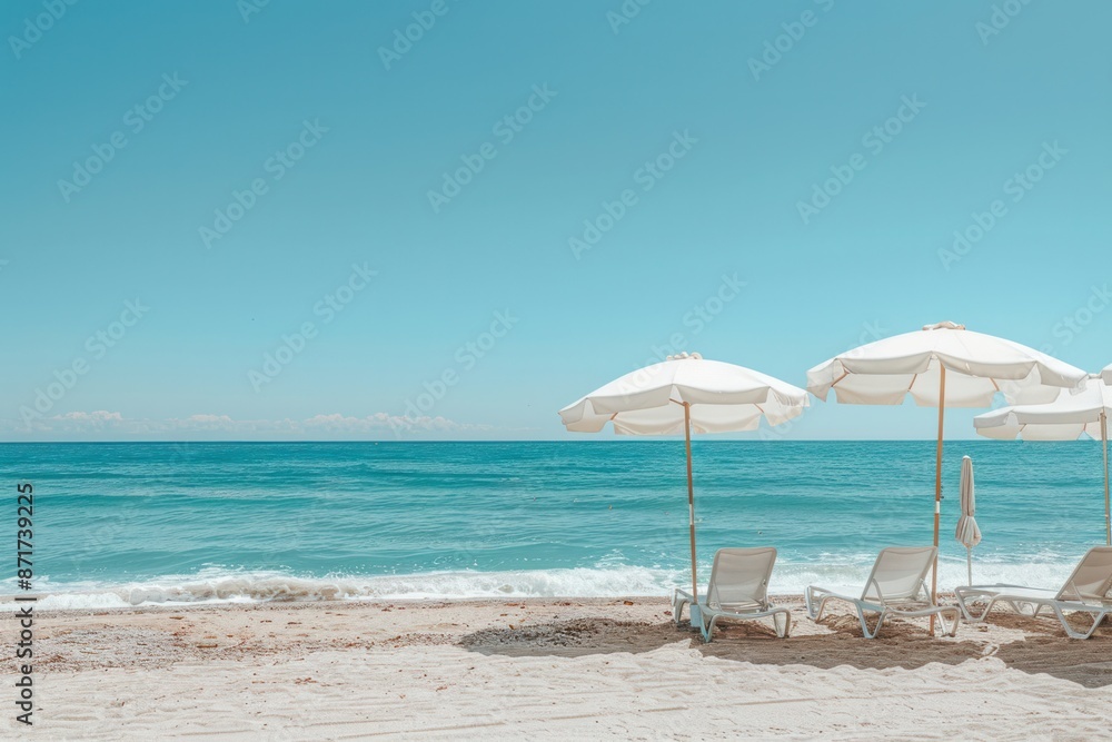 Fototapeta premium A beach scene with two white umbrellas and two white chairs